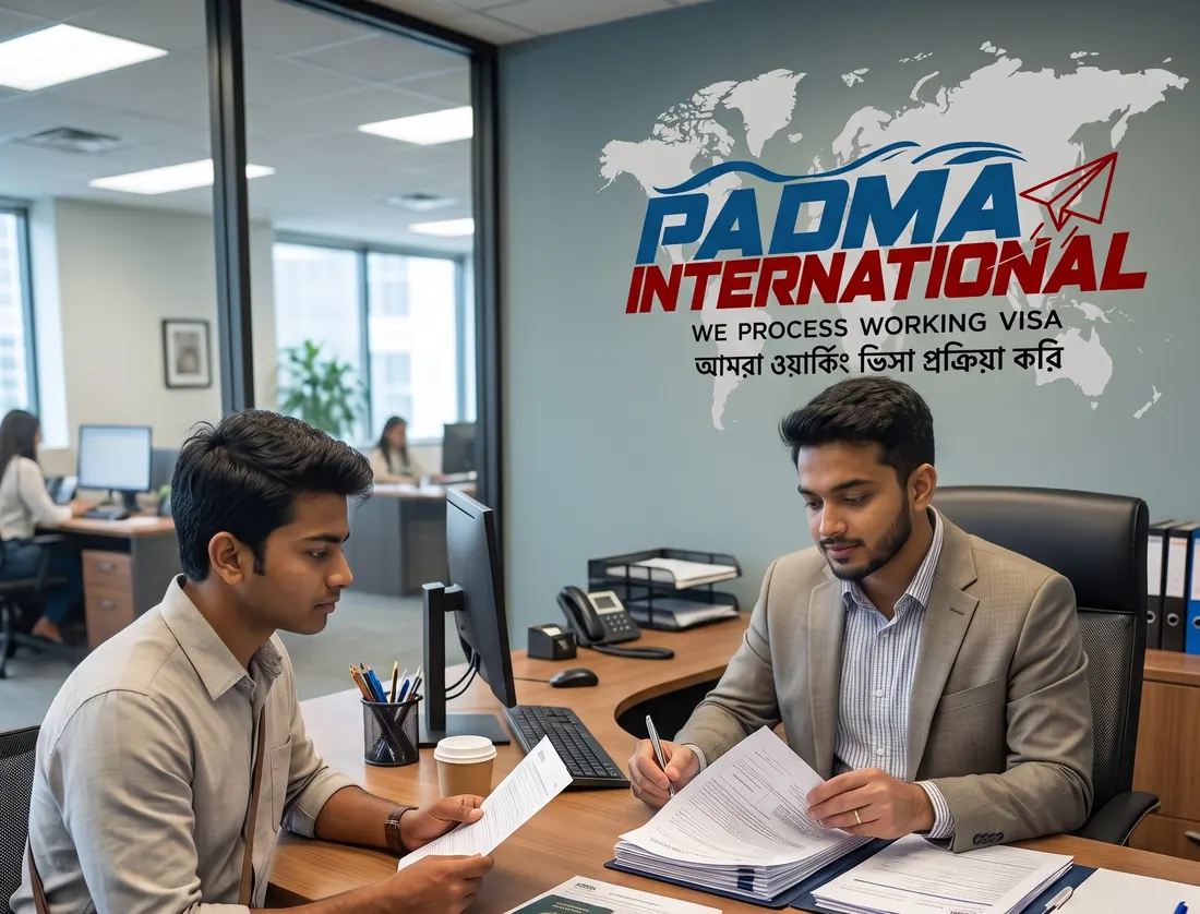 A Padma International officer checking a client’s visa documents at the desk