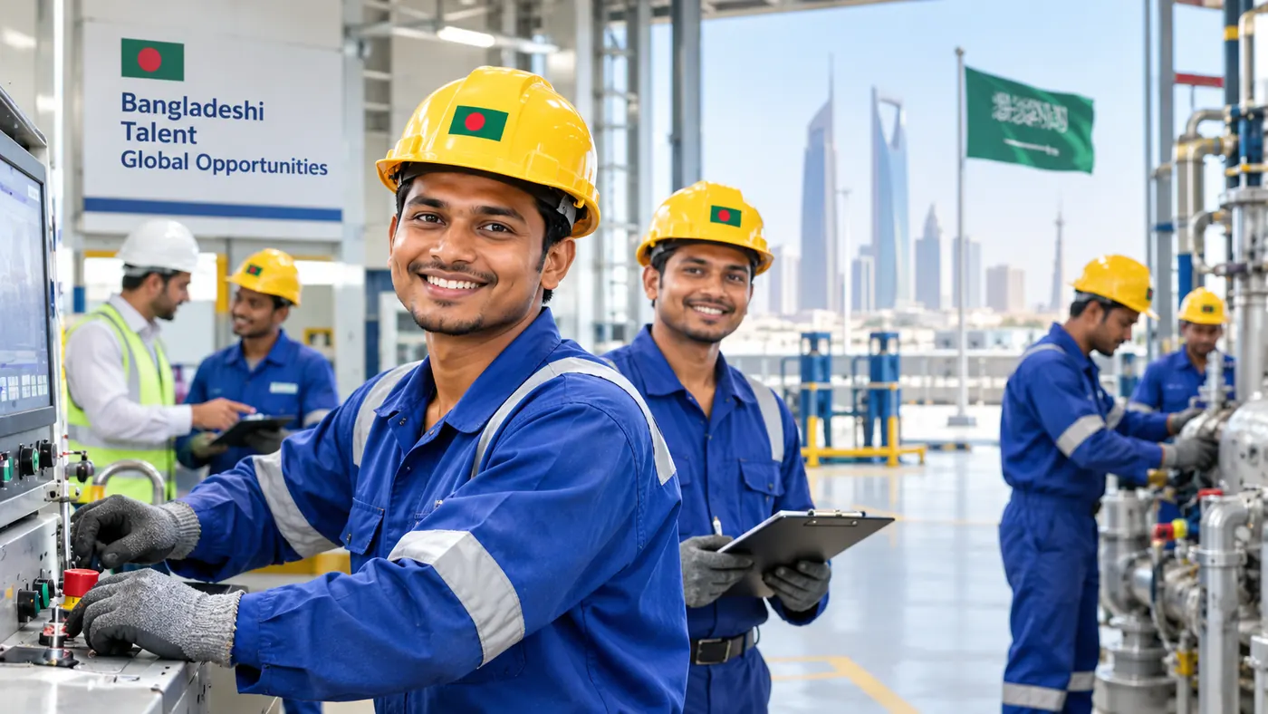 Bangladeshi workers in safety gear at an industrial site